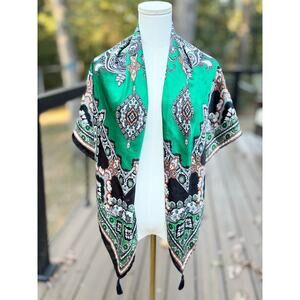Chico’s 40" Square Scarf Green Black Paisley Baroque Print with Tassels